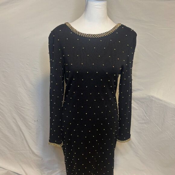 Vintage Et Al Beaded Wool Open V Back Black Dress Long Sleeve Uptown Gold - Picture 2 of 9